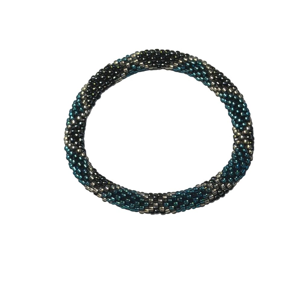 Sashka Bracelet‎ Handmade Bohemian Chic Crochet Beaded Roll-On Blue Green Silver